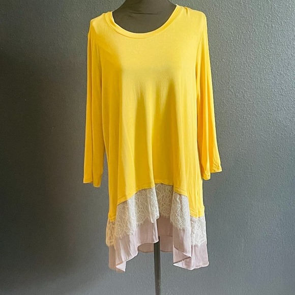 LOGO Lori Goldstein Mustard Yellow Lace Embroidered Sheer Layered Tunic XL - Picture 4 of 10